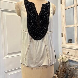 Burning Torch Cream‎ Silk Y2K Camisole w/ Black Beaded Detail Medium Shabby Chic